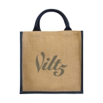 Shopper in juta personalizzate con scritta manici colorati  Jute Side color blu seconda vista con stampa in serigrafia