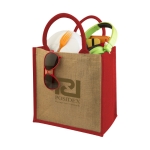 Shopper in juta personalizzate con scritta manici colorati  Jute Side color rosso vista con logo stampato