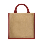 Shopper in juta personalizzate con scritta manici colorati  Jute Side color rosso seconda vista frontale