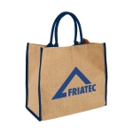 Shopper juta personalizzabili per la spesa chiusura in velcro Jute Edge color blu vista con stampa serigrafica