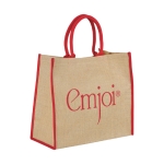 Shopper juta personalizzabili per la spesa chiusura in velcro Jute Edge color rosso vista con stampa serigrafica