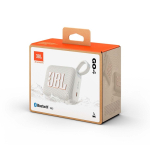 Altoparlante Bluetooth della JBL Go 4 dal suono chiaro e potente color bianco vista con scatola