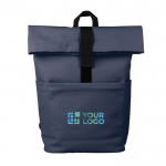 Zaino rolltop in PU con tasca frontale e laterale e scomparto pc 15'' color blu vista area di stampa