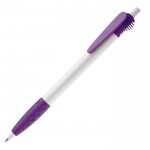 Penna bianca con design originale della clip e inchiostro blu color viola