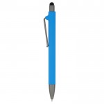 Penna in plastica riciclata con gommino touch nero e inchiostro blu color azzurro terza vista