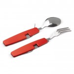 Coltello, forchetta, cucchiaio e apribottiglie pieghevoli 4 in 1 color rosso seconda vista