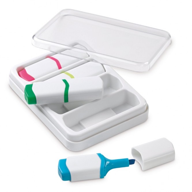 Set di 4 mini evidenziatori in scatola con coperchio trasparente