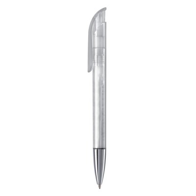 Penna in plastica trasparente con puntale in metallo e inchiostro blu