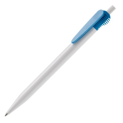 Penna bianca in plastica con originale clip colorata e inchiostro blu