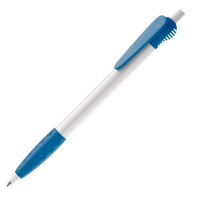 Penna bianca con design originale della clip e inchiostro blu