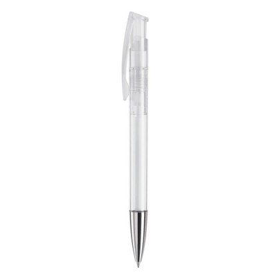 Penna in plastica trasparente con punta metallica e inchiostro blu