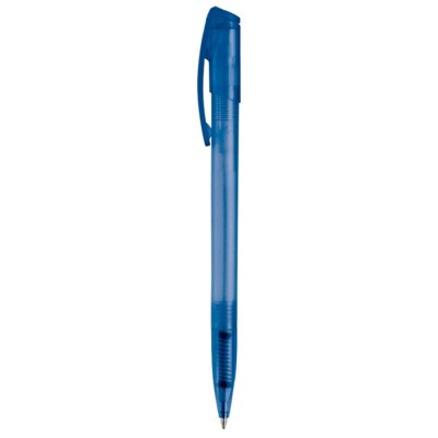 Penna in plastica trasparente colorata, clip ricurvo e inchiostro blu