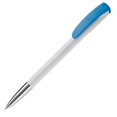 Penna in plastica bianca con clip ricurva colorata e inchiostro blu