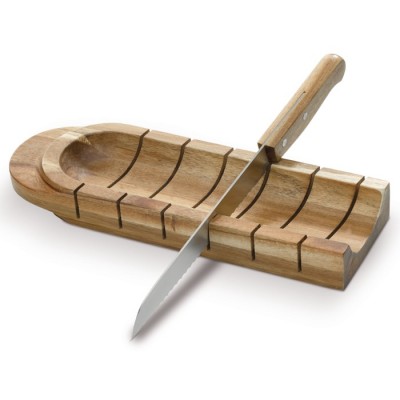 Tagliere da pane in legno di acacia con scanalature e coltello